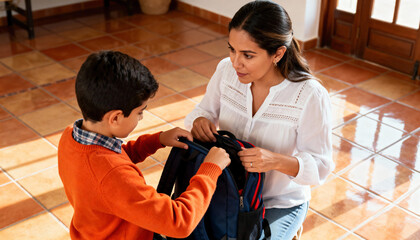Hispanic mother helping her young son prepare his backpack for school. Caring parent and child in a morning routine at home. Family and education concept
