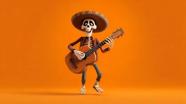 Cartoon skeleton in sombrero plays guitar against orange backdrop