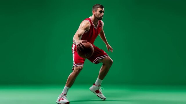 Caucasian man playing basketball and dribbling ball movement on green background. Sport activity for video chromakey effect.
