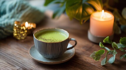 Aesthetic still life with cup of matcha latte and candle, peaceful composition