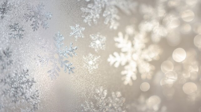 Elegant metallic snowflake pattern in silver and white shimmer, winter decor