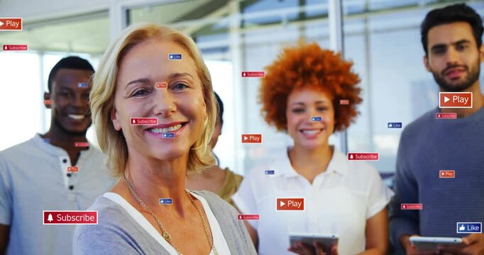 Mature woman leading team with frames advancing, icons floating around team, boosting marketing