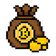 Fototapeta premium Pixel art money bag with gold coin