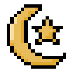 Obraz premium Pixel art crescent moon and star