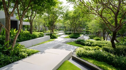 Modern exterior landscape design features tiered stone walkways surrounded by abundant lush green foliage