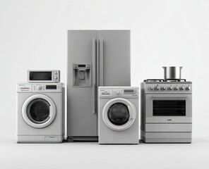 Array of kitchen & laundry appliances, gray scale, modern, on a white background
