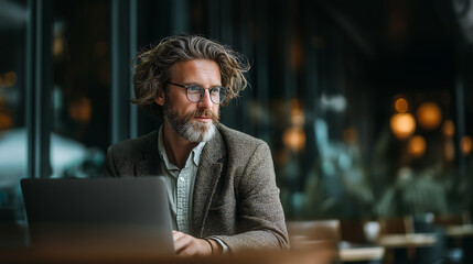 Man working laptop cafe remote freelancer beard glasses stylish jacket