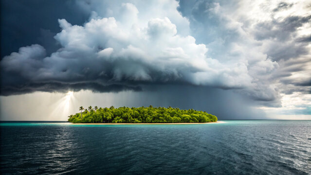 Tropical Island Under a Dramatic Stormy Sky with Sunbeams ocean water Background