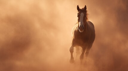 Fototapeta premium Horse galloping through light dust cloud with soft sunlight haze, majestic