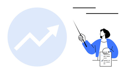 Professional presenting a growth chart on screen while holding a report. Ideal for business, education, teamwork, analytics, leadership, strategy discussion, progress visualization. Clean simple