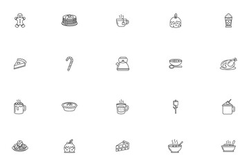 Winter Food and Drink Line Icons, Christmas Sweets and Dishes, Holiday Meal