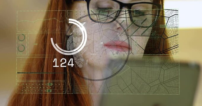 Woman with glasses holding tablet causing overlay on face with meter filling then falling for data