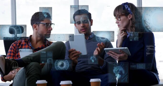 Center person tapping tablet and causing HUD panels to multiply while team reviewing business data - Powered by Adobe