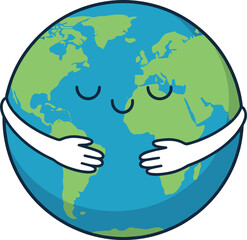 Cute illustration of the Earth hugging itself with a happy face, perfect for environmental awareness, Earth Day designs, sustainability themes, and eco-friendly vector artwork.