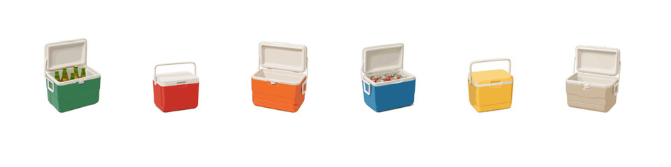 Cooler box icon set. Portable ice chest vector set. Cooler box collection with colorful insulated containers for travel, picnic, and summer food storage design.