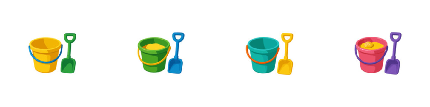 Sand bucket icon set. Beach toy vector set. Sand bucket collection with colorful pails and plastic shovels for summer play and seaside activity design.