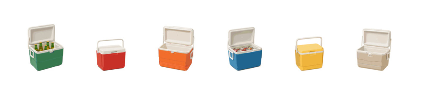 Cooler box icon set. Portable ice chest vector set. Cooler box collection with colorful insulated containers for travel, picnic, and summer food storage design.