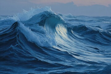Powerful ocean wave cresting, illuminated in soft twilight