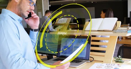 Man holding report and speaking on phone, call initiating HUD rotating and updating business charts