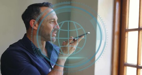 Man raising smartphone and speaking in office explaining cyber security as HUD expanding over face - Powered by Adobe