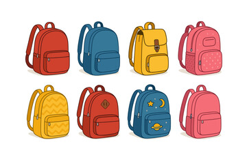 School backpack icon set. Student bag vector set. Cartoon backpacks in various colors and designs.