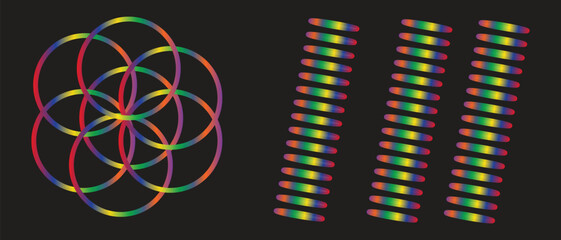 Rainbow Gradient Interlocking Circles and Colorful Parallel Tube Lines on Dark Background