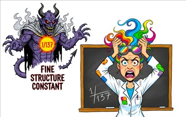 Funny illustration of frustrated colorful hair female scientist grabbing her hair with fine structure constant number 1/137 on a black board, demon also present