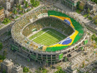 Pixelated soccer stadium with Brazilian flag motif in dense urban scenery