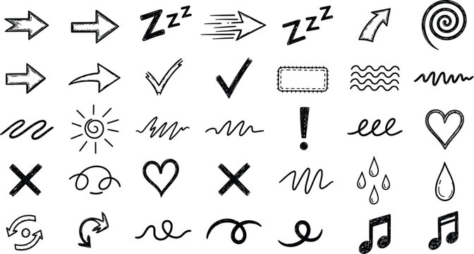 Hand Drawn Sketch Arrows, Check Marks, Heart, Music Notes on Transparent Background