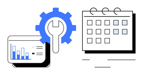 Chart with bar graphs, gear with wrench, and calendar emphasize planning, analytics, and system optimization. Ideal for scheduling, productivity, management, workflow efficiency strategy simple