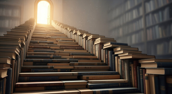 Staircase Made of Books Leading Up to a Bright Archway, Symbolizing Knowledge and Opportunity