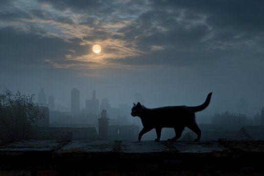 Stray cat walking on a rooftop at night beneath a bright moon and dramatic cloudy sky with city skyline in the distance