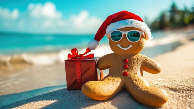 Cheerful gingerbread man in a Santa hat and sunglasses lounging on a sunny tropical beach beside a red gift, celebrating a fun, summer style Christmas by the blue sea