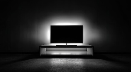 Lit TV in dark room with backlight; screen is blank, sits on lit stand