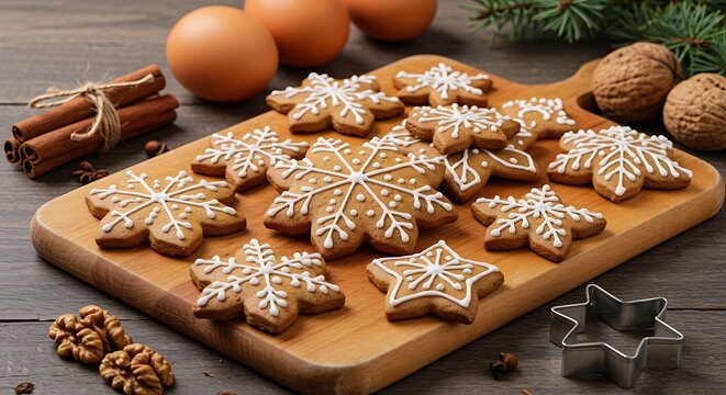Festive gingerbread cookies beautifully decorated with icing for winter holiday season