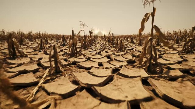 A forward-moving shot through a desolate cornfield with dry, cracked earth. A dramatic depiction of drought, crop failure, and climate change. Vertical video