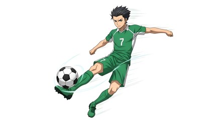 Fototapeta premium Anime Soccer Player Kicking Ball in Green Uniform.