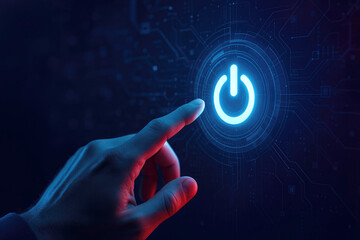 Finger pressing a glowing blue power button with digital circuit background touch technology