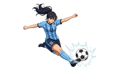 Anime Soccer Player Kicking Ball with Power.
