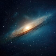 Glowing, spiral galaxy with bright central bulge against a starry, deep blue background