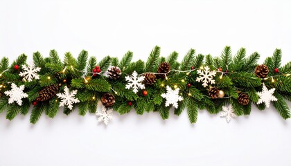 Christmas Garland Composition Festive Fir Branches, Snowflakes, Pinecones and Lights, Christmas Decor, Holiday Background Christmas garland, winter decor