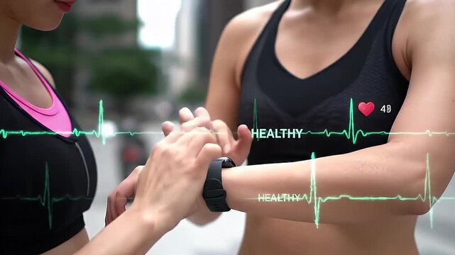 Two athletic women checking a healthy heart rate on a smartwatch with a futuristic EKG overlay during an outdoor urban workout - Powered by Adobe