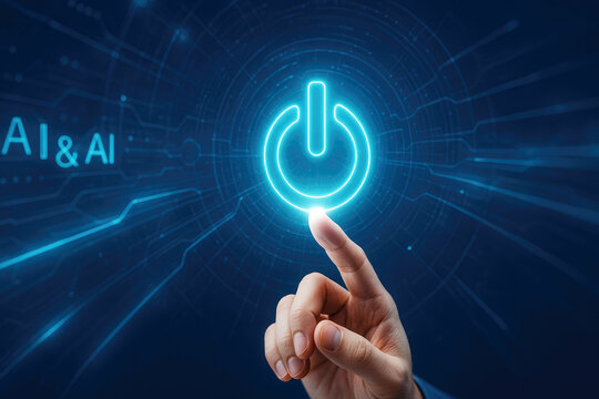 Finger pressing glowing blue power button on digital circuit background with AI text artificial intelligence - Powered by Adobe