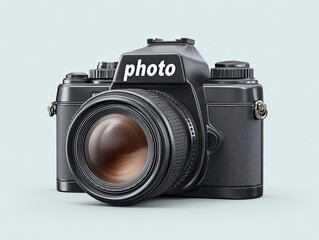 Black retro camera with large lens, labeled "photo" on top
