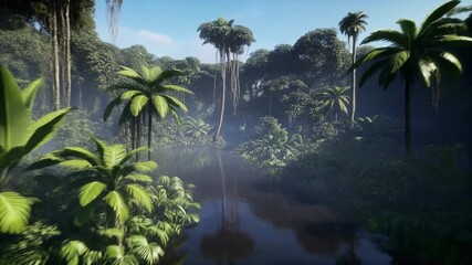 Lush green Amazon rainforest dense tropical vegetation sunlight filtering through canopy rich biodiversity exotic plants trees natural ecosystem vibrant forest landscape untouched nature - Powered by Adobe