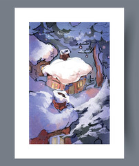 Picturesque winter residence with pine trees and drifting smoke