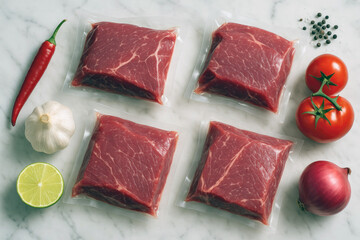 Four vacuum-sealed raw steaks with fresh ingredients for cooking on a marble surface beef vacuum sealed