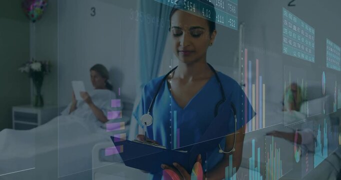 Nurse noting health data on clipboard between beds while tablet tapping launching charts over room