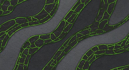 Futuristic organic network with glowing green pathways on a dark textured background evoking technological and biological themes
