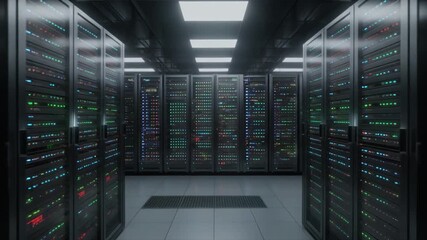 Big data center server racks glowing LED lights futuristic technology digital infrastructure network connectivity high tech computing modern IT environment secure data storage - Powered by Adobe